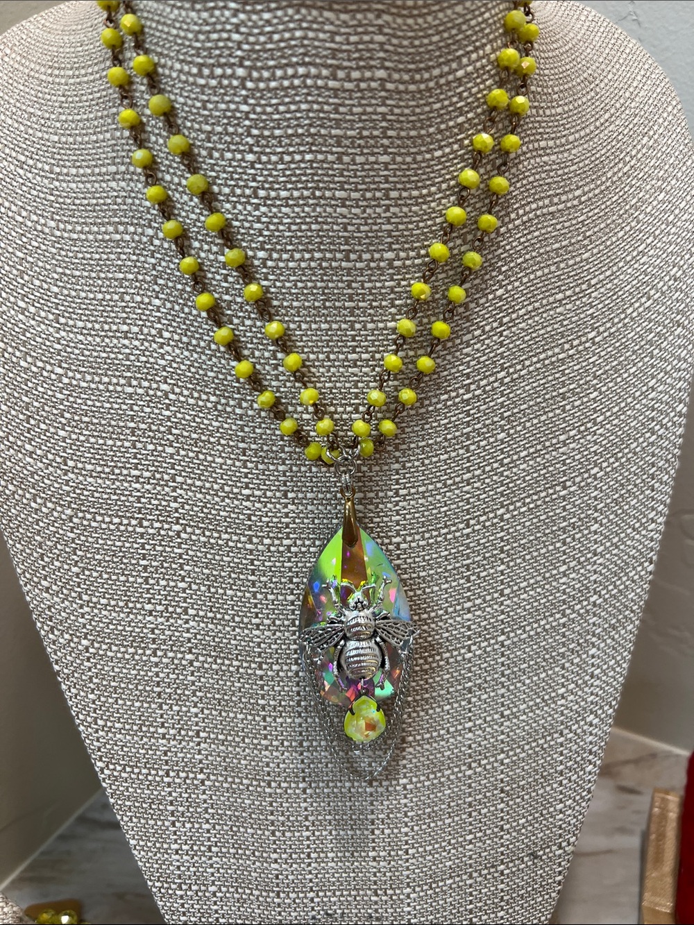 Yellow Beaded Necklace with Iridescent Bee Pendant